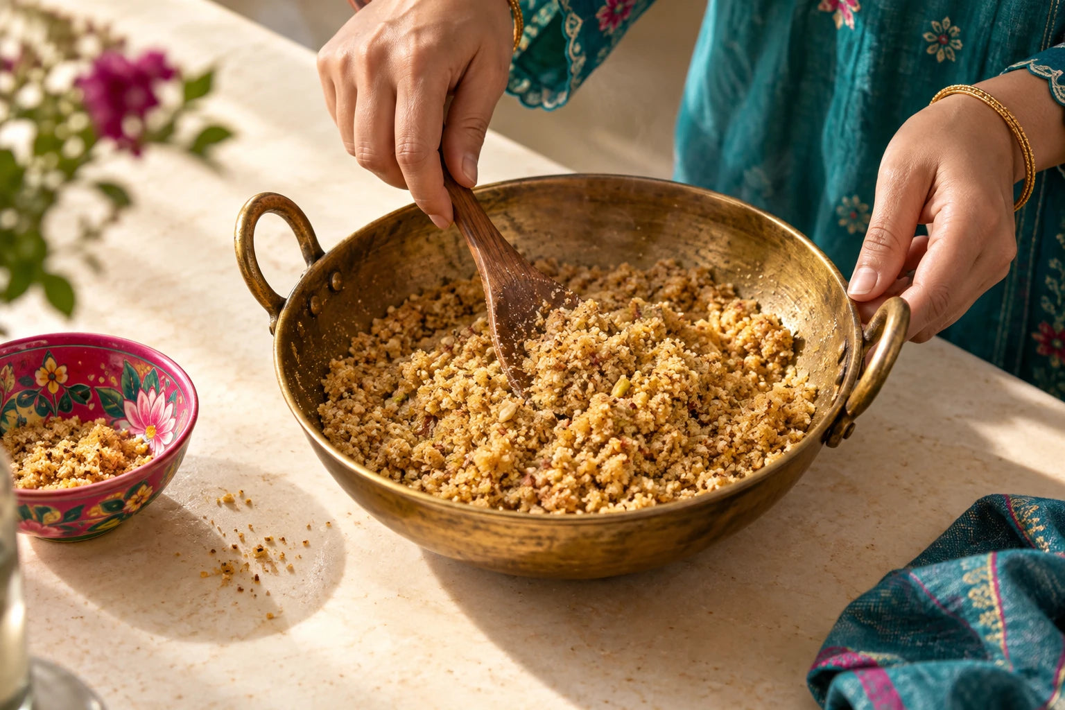 Hands stirring golden panjeeri in a brass pan in a sunlit kitchen
