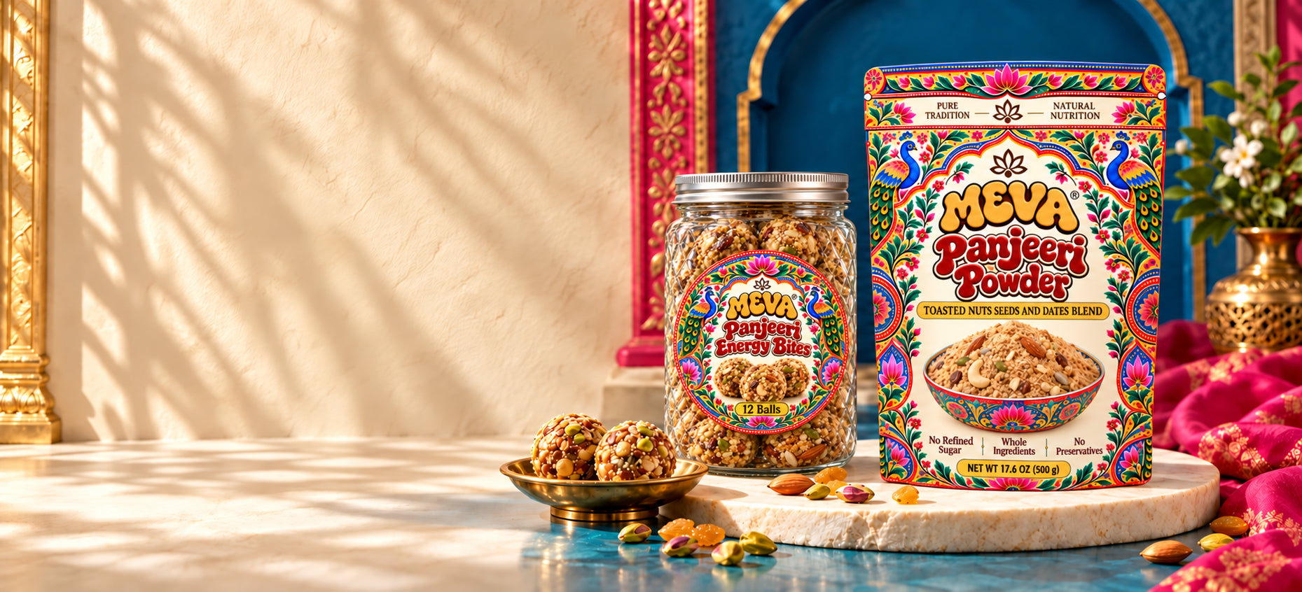 MEVA Panjeeri Powder and Energy Bites with colorful Pakistani-inspired details