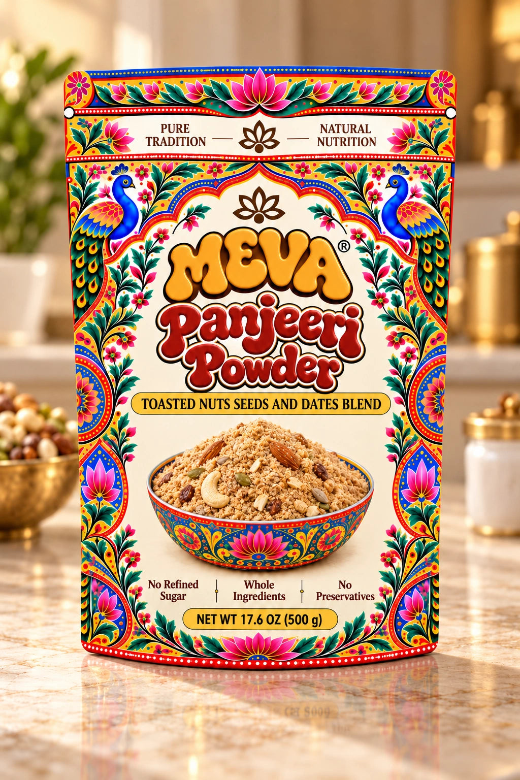 MEVA Panjeeri Powder 500g pouch on sunlit marble countertop