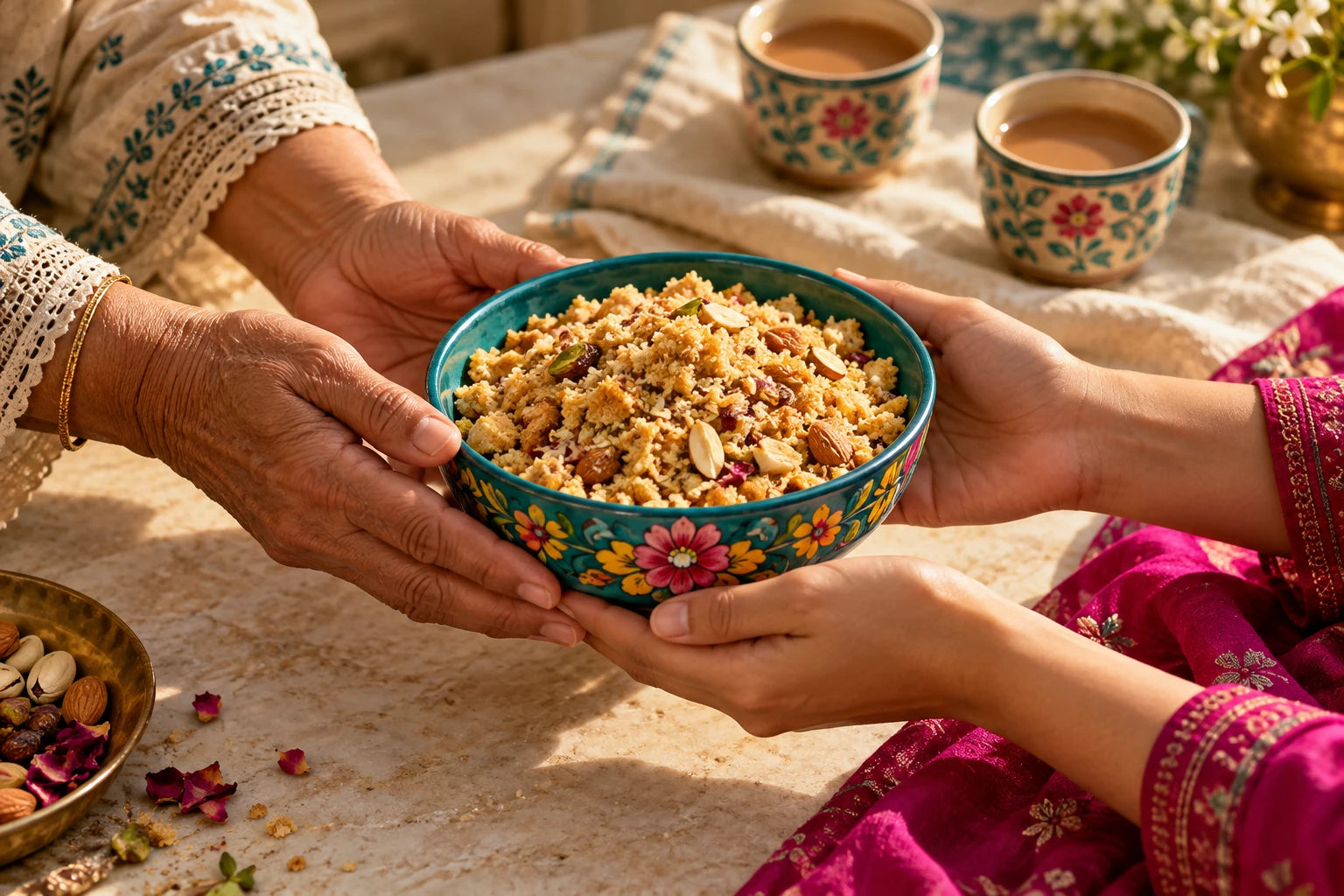 Two generations of adult hands sharing a bowl of panjeeri