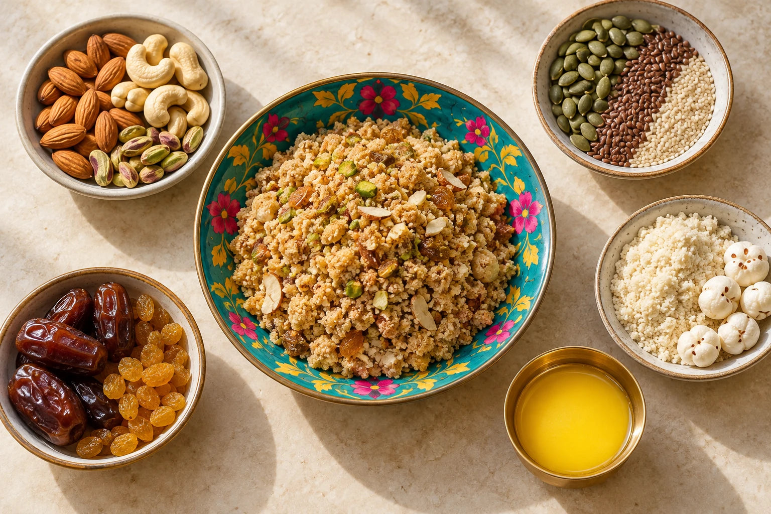 Nuts, seeds, dried fruit, almond flour, makhana and ghee arranged around panjeeri