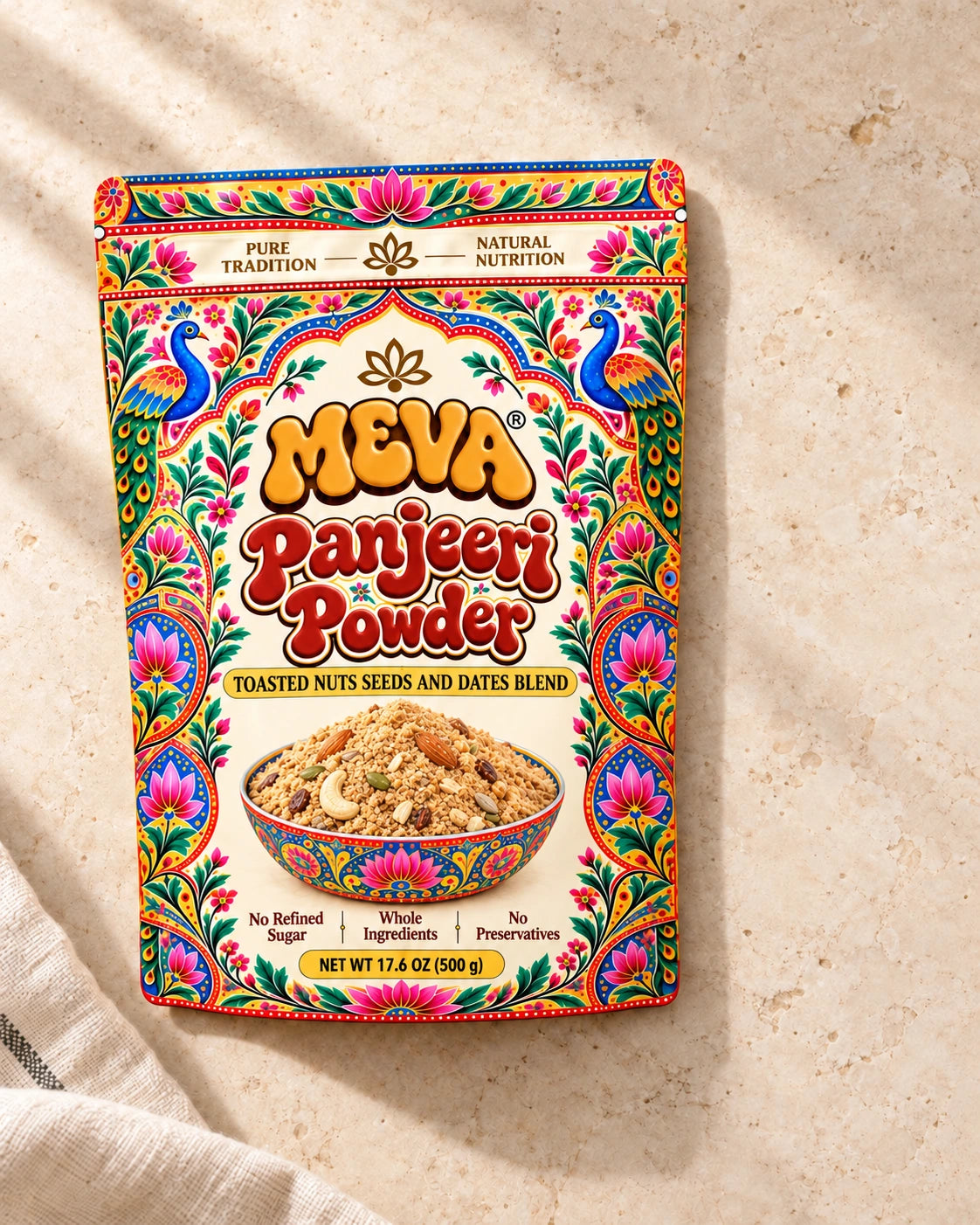 MEVA Panjeeri Powder on a sunlit ivory kitchen counter